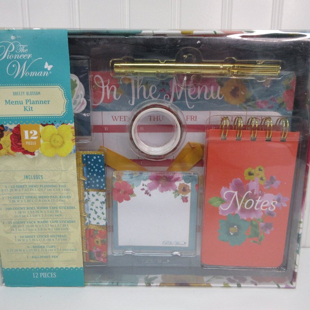 Pioneer Woman Breezy Blossom Menu Planner Clips Memo Pad Washi Tape Pen 12pc Set